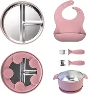 WJnflQN Stainless Steel Baby Plate and Bowl | Baby Feeding Divided Plate Toddler Bowl with Fork Spoon Bib | Microwave-Safe Led Weaning Supplies Tableware for High Chair Travel Outdoor Indoor Table
