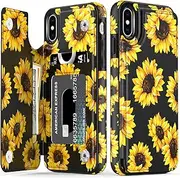 LETO for iPhone X Case,iPhone Xs Case,Leather Wallet Case with Fashionable Flower Designs for Girls Women,Flip Folio Cover Kickstand Card Slots,Protective Phone Case for X/Xs Blooming Sunflowers