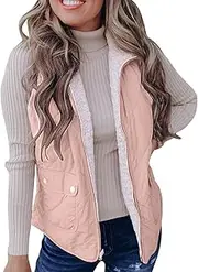 [DSAoTeng] Women Zip Reversible Fleece Padded Stand Collar Quilted Vest-With Pockets Casual Cozy Warmer Solid Color Sleeveless Outerwear Winter Waistcoat