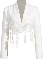[Generic] Women's Patchwork Decal Women's Suit Jacket Round Neck Long Sleeved Patchwork Tassel Temperament Suit Women
