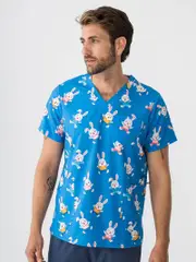 Scrub Top Easter Bunny Print Blue