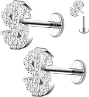 [VERAMI] 2 Pcs 16G Threadless 316L Dollar Sign Top Push In Lip Ring Labret, Surgical Steel Flat Back Nose Studs，Helix Tragus Conch Cartilage Earring Studs for Women, one size, Metal, cubic zirconia