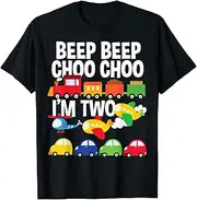 [X.Style] Beep Beep Choo Choo I'm 2 2nd Birthday Boy Train Cars Planes ds280 T-Shirt (S) Black