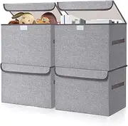 Large Quart Linen Fabric Foldable Storage Bin Cube Organizer Basket with Flip-Top Lid & Handles, 4PCS Clothes Blanket Box for Home, Office, Closet, Gray