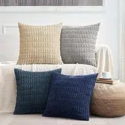 4 Packs Throw Pillow Covers Corduroy,Decorative Lumbar Pillow Covers, JOMWEN Super Soft Boho Striped Cushion Covers for Couch Bed Sofa Livingroom (Grey/Blue, 45 x 45 cm)