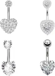 [Copbopwn] 4pcs Belly Button Bars Belly Bar Stainless Steel Belly Bars Belly Button Piercing Silver Belly Bar Surgical Steel 14G Navel Bars Belly Button Piercing Jewellery Heart Dangle, Stainless Steel