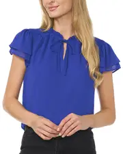 CeCe Smocked Shoulder Tie Neck Blouse