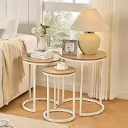 Metalnest End Tables, Round Coffee Tables Set of 3, Modern Side Table with Mental Frame and MDF Board, Nesting Nightstand for Living Room, Bedroom,White & Brown