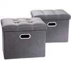 PRANDOM Ottoman with Storage [2-Pack] Linen Folding Small Square Foot Stool Wit