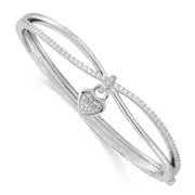 Sterling Silver Rhodium-Plated Cz Heart Dangle Hinged Bangle
