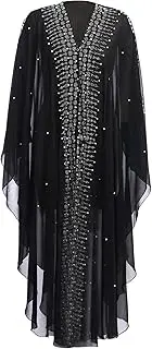 [OBEEII] Muslim Dress for Women Loose Batwing Sleeved Hooded Beaded Embroidery Long Abaya Dress Kaftan Abayas Islamic Robe