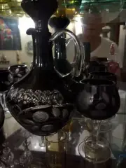 Bohemian Crystal Wine Decanter Set. Cut to Clear. Dark Red. XIX Century. Superb.