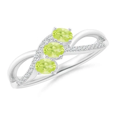 Three Stone 5x3MM Oval Shape Peridot Side Accents Women Ring 925 Sterling Silver