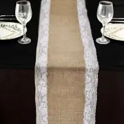 14" x 104" NATURAL WHITE Burlap Lace Trim TABLE RUNNER Party Events Decorations