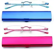 Women's 2 Pack Compact Reading Glasses On The Go - Slim, Frameless, Super Light Weight Readers in Tube With Aluminum Case - Blue & Red 2.00