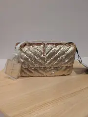 Nicole Miller Gold Mermaid Sequin Chain Strap Crossbody Small Bag Purse New