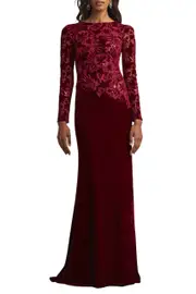 [TADASHI] SEQUIN BURNOUT VELVET GOWN US 14 RED
