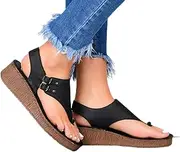 [JSMY] Womens Flat Sandals Ladies Summer Vintage Buckle Design Ankle Strap Thong Sandals Faux Leather Flip Flops Comfy T-Bar Slingback Wedge Walking Shoes,Black,US7/EU38