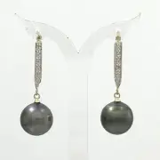 14k Yellow Gold Diamond Charming Black Tahitian Pearl Dangle Earrings TPJ