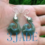 Hand Carved Nephrite Jade Koru Hook Earrings Jewelry NZ Maori Style