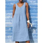 Women's Black Yellow Light Green Summer Spring Midi Dress Cotton Linen Dresses Tank Dress Cotton Summer Dress Casual Vacation Daily Loose Fit Plain V Neck