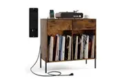 Costway Record Player Stand Double Wide Turntable Stand w/Power Outlets Display Shelf Brown
