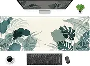 Cute Beige Desk Mat Green Tropical Leaves XL Extended Large Mouse Pad Gaming, Computer Laptop Keyboard Mouse Mat Desk Pad 31.5x11.8 in, Desk Accessories for Women Office Decor Desktop Protector