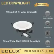 50pcs White Flat 13W LED Downlight 90mm CCT Tri-color Dimmable