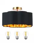 Light Semi Flush Mount Ceiling Light Black Fabric Shade Lamp with 3 LED Blub