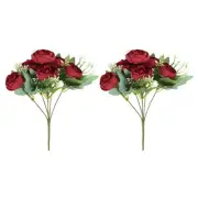 6 Branch Artificial Silk Peony Hydrangea Floral, 2 Pack Fake Flowers, Red