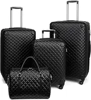 [feilario] Plaid PU Leather Softshell Luggage Set - 4-Piece Expandable Suitcases with Spinner Wheels - Includes Large Travel Bag, 20-Inch Carry-On, 24-Inch & 28-Inch Suitcases, Black, 4-Piece