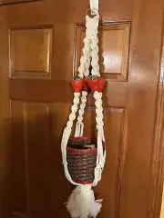 Vtg Handmade White Macrame Plant Hanger with 4 Strawberry Glass Beads & Basket