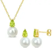 Amour Yellow Plated Silver Peridot & FW Pearl Earrings, Pendant & Chain Set