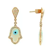 14K ROSE GOLD PAVE DIAMOND MOTHER OF PEARL HAMSA HAND OF GOD DANGLE EARRINGS