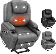 ALFORDSON Recliner Chair with Dual USB Charging Ports, Electric Heated Massage Armchair Fully Automatic Lifting and Reclining, Grey Linen Fabric Lounge Sofa Remote Control for Home Room and Office