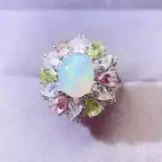 Fire Opal, Tourmaline, and Peridot Gemstone Ring, Natural Opal Statement Ring