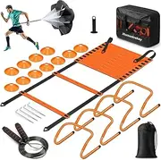 Agility Ladder Speed Training Equipment Set-20ft Agility Ladder,12 Soccer Cones,4 Hurdles, Jump Rope, Running Parachute| Basketball Football Soccer Training Equipment for Kids Youth Adults