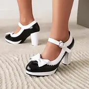 Women's Vintage Lolita Mary Jane Heels with Bow and Heart Buckle – Retro Platform Pumps for Cosplay and Parties