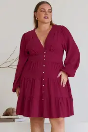 Soho Mini Dress - A Line Button Down Tiered Dress in Berry