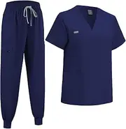 [ThreeH] Scrubs Set for Women Modern V-Neck Top & Drawstrings Jogger Pants with Multi Pocket for Nurse Uniform
