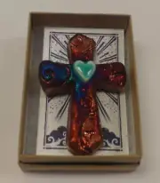 RAKU POTTERY SCARED CROSS GEMSTONE HANDMADE MAGNET PENDENT ORAMENT J DILLER 1