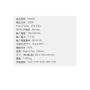 全漢 HA450 聖武士 450W 80PLUS銅牌 電源供應器 Pcgoex 軒揚