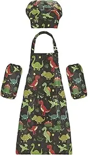 AIXIWAWA Kids Apron Chef Hat Set, Child Kitchen Bib Aprons Adjustable for Cooking Baking Painting (Green Red Dinosaurs)
