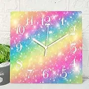 ArtSocket Galaxy Unicorn Rainbow Wooden Wall Clock Silent Non-Ticking, Neon Pink Mermaid Kids Square Rustic Wall Clocks Decor for Home Kitchen Living Room Office, Battery Operated(12 Inch)