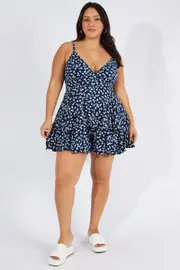 Blue Ditsy Strappy Short Playsuit Tie Front