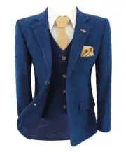 Boys' Blue Tweed Wool Slim Fit Formal Suit 3-Piece Set, Jacket Waistcoat Trouser