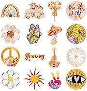 Kirako 16Pcs Groovy Retro Hippie Iron on Patches Sew Embroidered Applique Cute Daisy Rainbow Peace Sign Decorative Repair Patch Boho Aesthetic DIY Craft Accessories for Clothing Backpack Hat Jacket