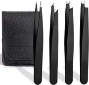 Set of 4 Eyebrow Tweezers, Flat, Slanted, Pointed and Hooked 4 Tweezers for Eyeb