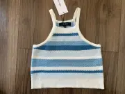 Chloe & Jasmine Tank Top Crop Top Sweater Shirt Knit Blue White Stripe Size 8 M