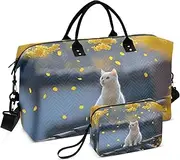 [YXYZRMY] Autumn White Cat Leaf Travel Duffel Bag Gym Bag Sports Tote Bag with Multiple Interior Pockets Shoulder Weekender Bag for Women Men with Toiletry Bag 20.5”x 7.9”x 13.8”, Multi-Colored, one